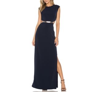 Halston Heritage Sleeveless Metallic-trim Stretch Crepe Gown, Dark Navy/gunmetal